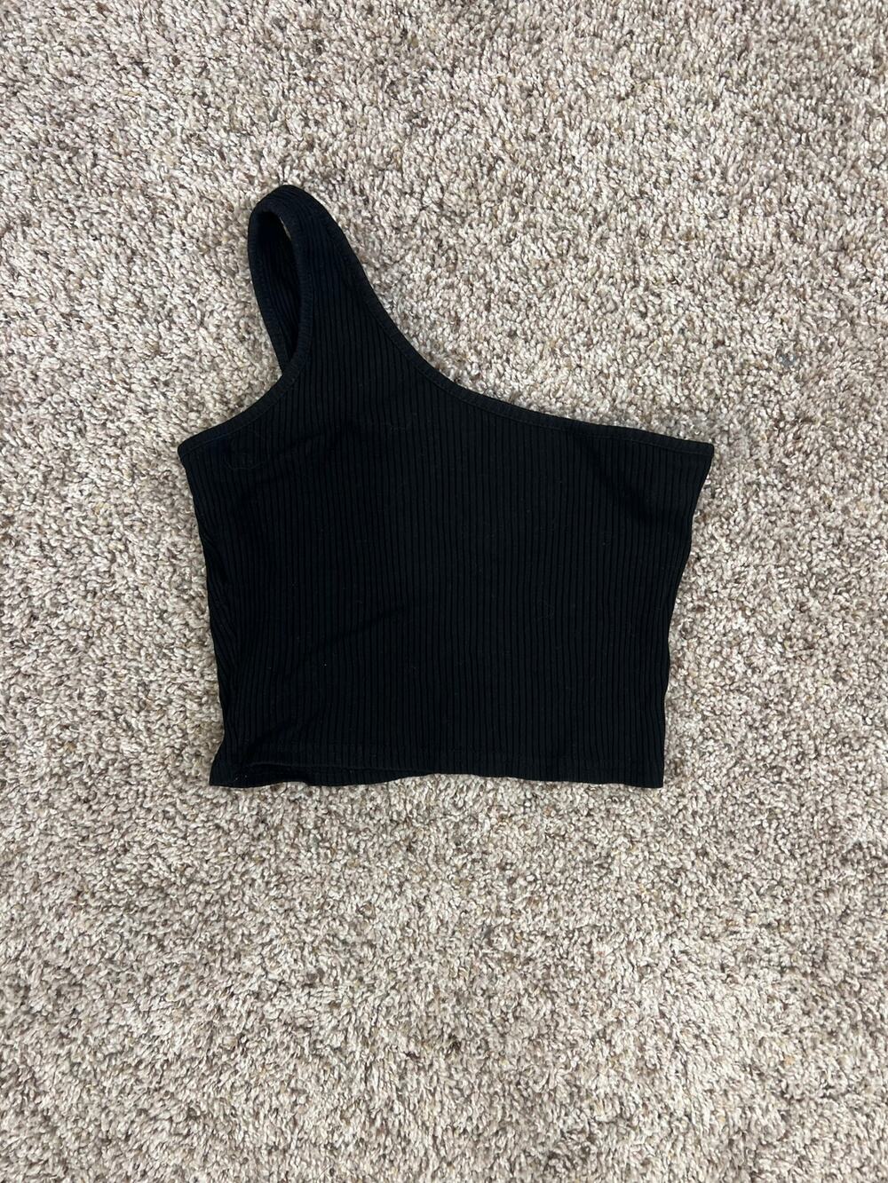 Ribbed Crop Top Asymmetrical One Shoulder Black Women's Small